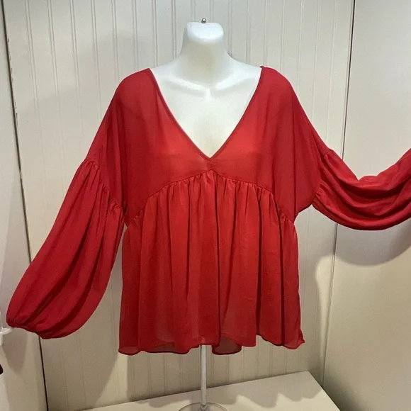 Umgee Deep V-Neck Red Balloon Sleeve Babydoll Top. Size Small. - Picture 1 of 10